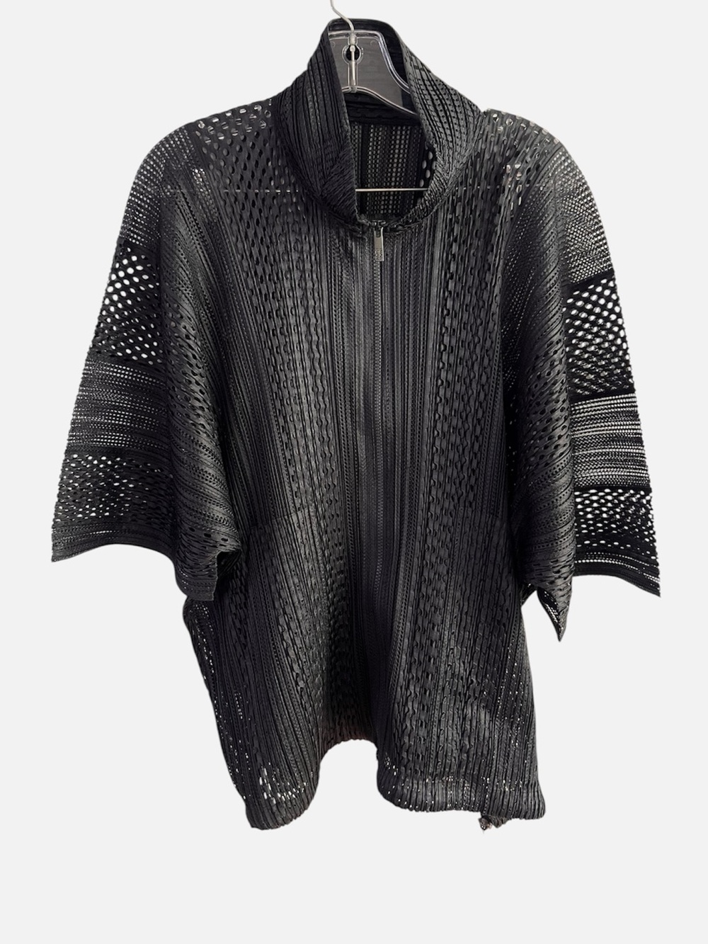 PLEATS PLEASE Issey Miyake Black Openwork Perforated Mesh Pleated Zip Jacket L